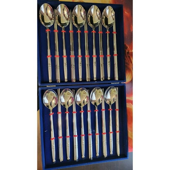 Vtg  Stainless Steel Soup Spoons &  Chopsticks Velvet Case Set of 10 Each - Picture 3 of 11